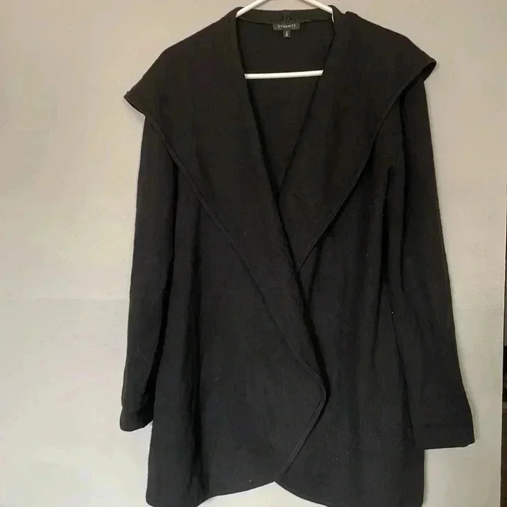 ❤️2/$30❤️Dynamite Acrylic Wool Blend Big Collar Black Open Cardigan SweaterM - Picture 3 of 6